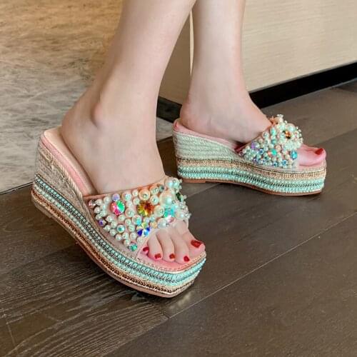 All-match square-toe slippers summer new exquisite pearl rhinestone womens shoes open-toed wedge super high-heel beach sandals