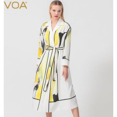 VOA 60M/m Heavyweight Silk White Yellow Printing Ink qiang Lapel Collar juan bian xiu Wrapping Strap King-Size Coat F529