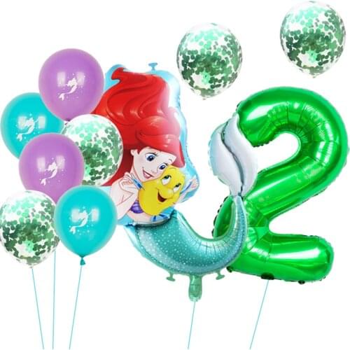 Cartoon Mermaid Ariel Princess Foil Balloons Baby Shower Birthday Party Decorations Kids Toys 32-inch Green Number Helium Globos