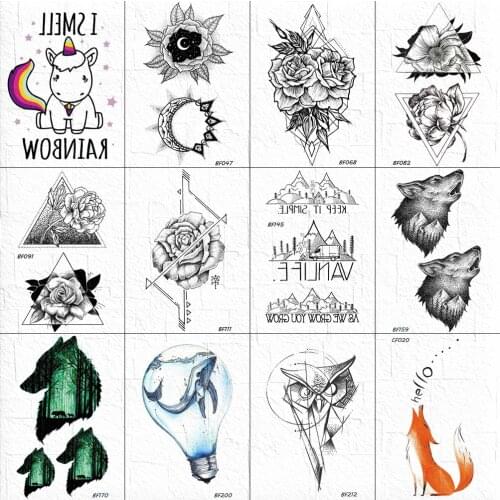 Sketch Triangle Flower Temporary Tattoo Stickers Women Body Arm Art Painting Tatoo Fake Black Men Unicorn Wolf Tattoo Waterproof