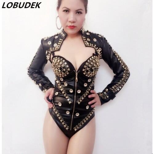 High quality PU Leather Black White Bodysuit Sparkly Crystals Rivet bodysuit Occident Bar DJ Female Singer jazz Rock DS Costume