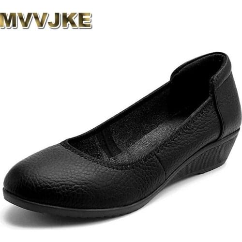 MVVJKELeather comfortable women wedges shoes fashion ladies dress shoes casual party dancing office career round toe slip on
