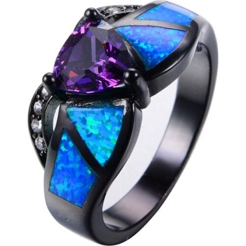 Cute Female Blue Fire Opal Ring Vintage 14KT Black Gold Filled Purple Triangle Ring Promise Love Engagement Rings For Women