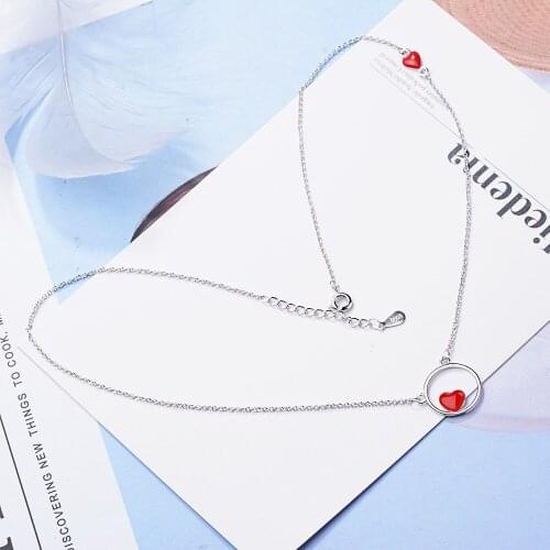 Red Heart Round 925 Sterling Silver Necklace For Women Hot Sale Korean Fashion Pendant Necklace Chain Jewelry