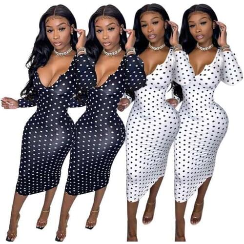 Black White Polka Dot Print Sexy Pencil Dress Women Low Neck Full Sleeve Bandage Mid Calf Dress Elegant High Waist Slim Vestido