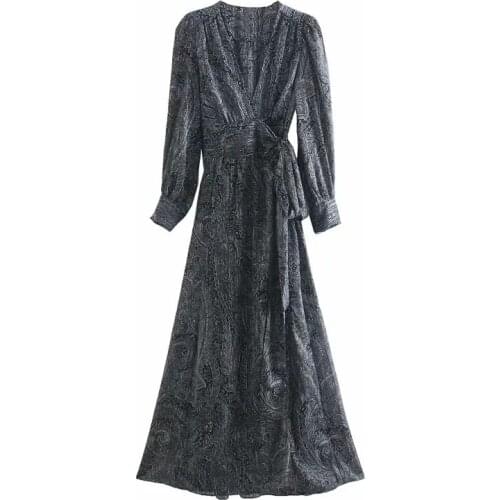 New Pop Women Dress Printed Crossover V-neck Long Cuffed Sleeves Wrap-style Belt Long Dress vestidos femme robe