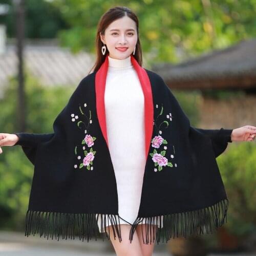 Winter Women Sweater Shawl Long Wrap Thick Soft Warm Double-face Poncho Solid Embroider Flower Womens Scarf Cape with Sleeves
