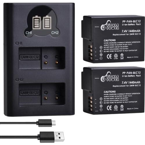 1440mAh DMW-BLC12PP BLC12E DMW-BLC12 Battery & LED Dual Charger for Panasonic Lumix DMC FZ1000 FZ200 FZ300 G85 G5 G6 G7 GH2 GX8