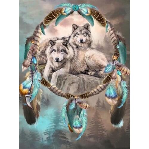 Needlework Diamond Embroidery Wolf Dream Catcher Feather 5D Diamond Painting by Number Mosaic Indian Pattern for Animal Home Art