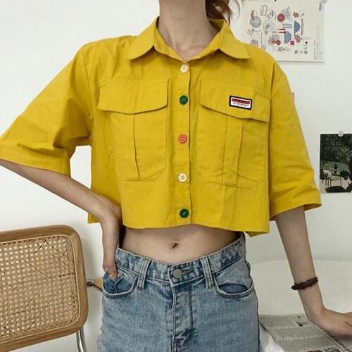 Women Blouses Shirt KoreanTurn-down Collar Short Sleeve Buttons Loose Single Breasted Blouse Casual Loose Ladies Streetwear Tops