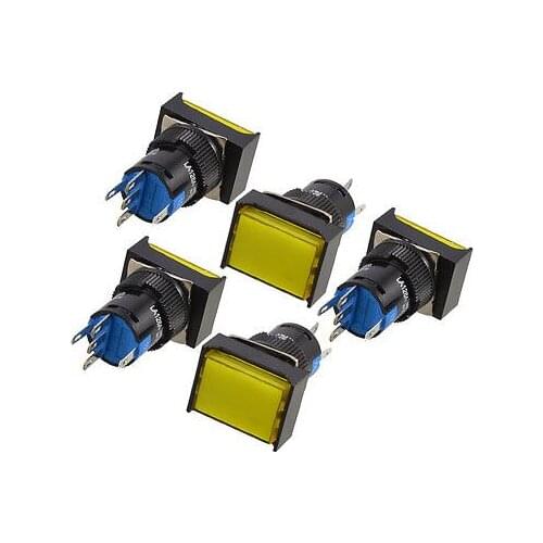 DC 12V Light 1P2T Yellow Rectangle Cap Momentary Push Button Switch 5pcs
