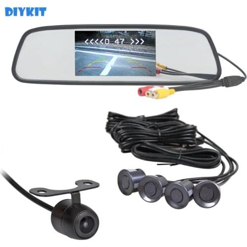 DIYKIT 5" Rear View Mirror Car Monitor Kit + Rear View Car Camera Video Parking Radar + 4 Sensors