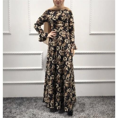 Elegant Muslim Abaya Dree Women Print Flare Sleeve High Waist Long Dresses Islamic Clothing Dubai Arab Elbise Caftan Maxi Dress