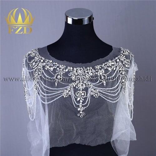 FZD 1 PC Handmade Sew On handmade rhinestone beaded patches Tassels Applique Bodices Patches for Wedding Ball Gown Dress