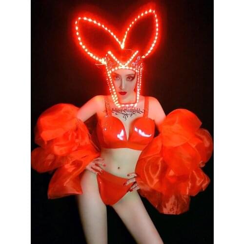 Red led light up mask stage show costume women party girl sexy dance clothing sexy bikini nightclub wear