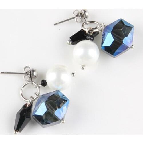 Fashion Simple Golden Stainless Steel Green/Blue Magical Faceted Glass Beads Imitation Pearls Women Earrings Ear Hook Jewelry