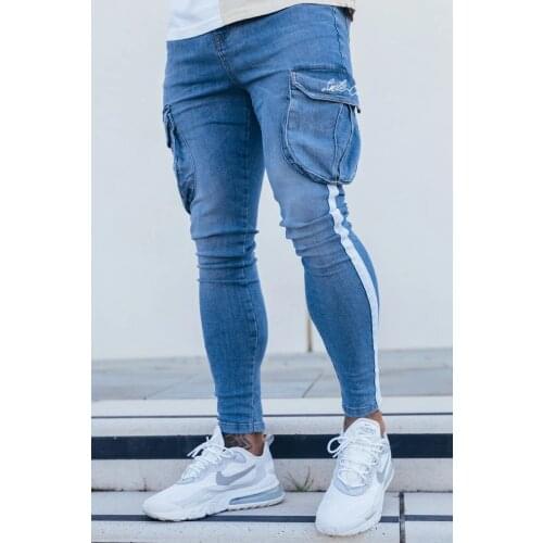 2021 New Men Skinny Jeans Large Pocket Letter Striped Safari Style Brand Ripped Stretch Slim Multi-Pocket Men Jeans