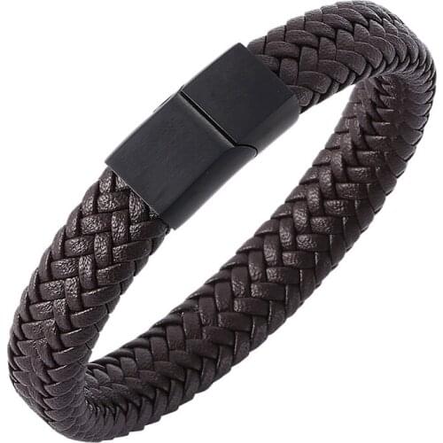 Black/Brown Braided Synthetic Leather Rope Men Bracelets Jewelry Stainless Steel Magnetic Buckle Fashion Male Bangles S503