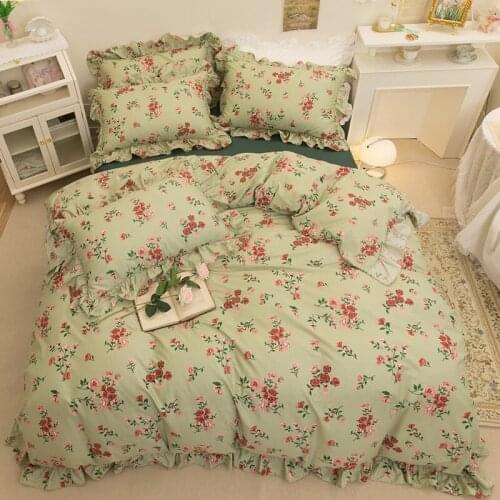 Rose Floral Duvet Cover Set Green 100%Cotton Girls Bedding with Zipper 4Pcs 1duvet Cover 1Bed sheet 2pillowcases Queen Full size