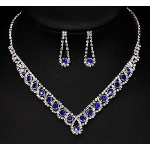 Charm Royal Blue Crystal Bridal Jewelry Sets Bling Rhinestone Statement Choker Necklace Earrings for Women Wedding Jewelry Sets