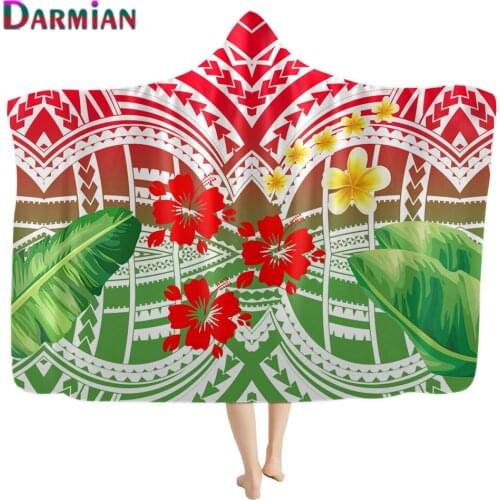DARMIAN Gradient Style Polynesian Tribal Plumeria Printed Wearable Hooded Blanket Fluffy Sherpa Fleece Blankets Warm Soft manta