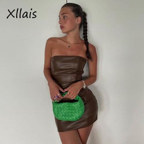 XLLAIS Autumn Womens Pu Leather Mini Dress Fashion Brown High Quality Clothes Sexy Strapless Club Bodycon Robe