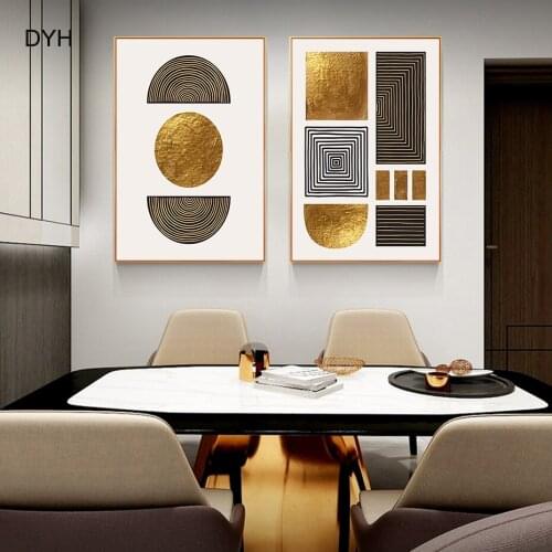 Golden Geometric Shapes Poster Beige Grey White Black Wall Art Picture Print Canvas Painting Modern Mural Living Room Decoration
