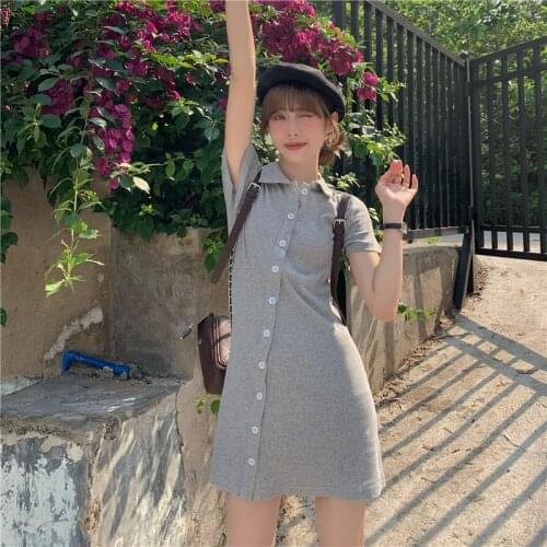 Dress Temperament Polo Collar Short-sleeved Dress Female Summer New Style Skirt Korean Style High-waisted Thin A-line Skirt