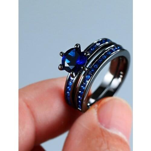 Luxury Female Blue Round Ring Set Vintage Black Gold Bridal Wedding Rings For Women Promise Love Solitaire Engagement Ring