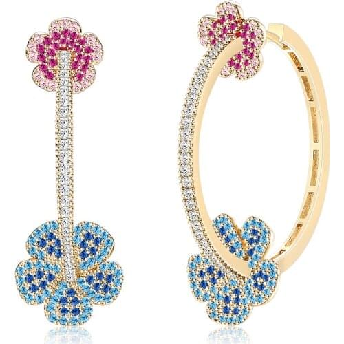 ZEMIOR Flower Shape Hoop Earrings For Women Multilcolor Full Cubic Zirconia Setting Earring Light Luxury Style Fashion Jewelry