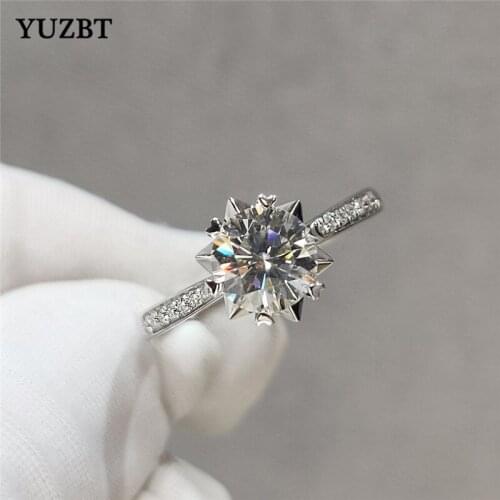YUZBT Women 18K White Gold Plated 1 Carat 6.5mm Excellent Cut Gemstone Ring Diamond Test Past D Color Moissanite Snowflake Rings