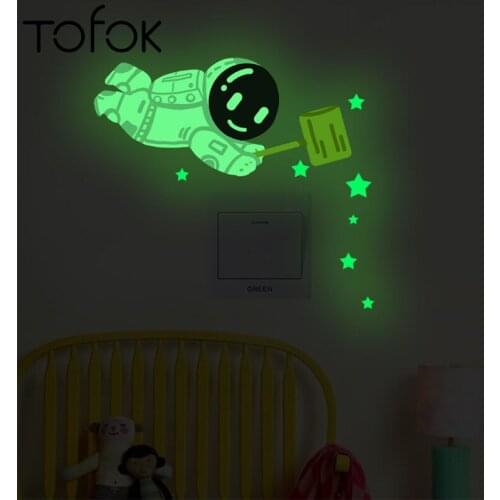 Tofok Green-light Luminous Switch Stickers Home Decor Cartoon Glowing Star Astronaut Wall Stickers Dark Glow Decoration Stickers