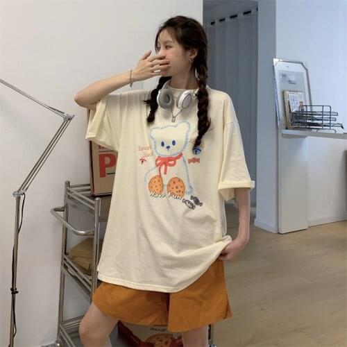 Summer new Korean Harajuku style cartoon printing loose O-neck short sleeve T-shirt women