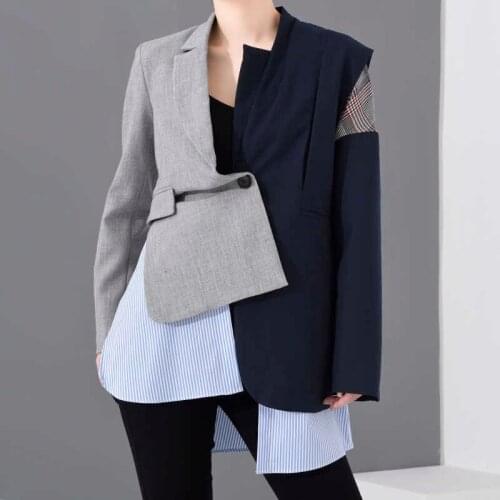 Streetwear Fashion Irregular Contrast Color Plaid Patchwork Blazer Spring Autumn 2021 Loose Lapel Long Sleeve Female Suit Jacket