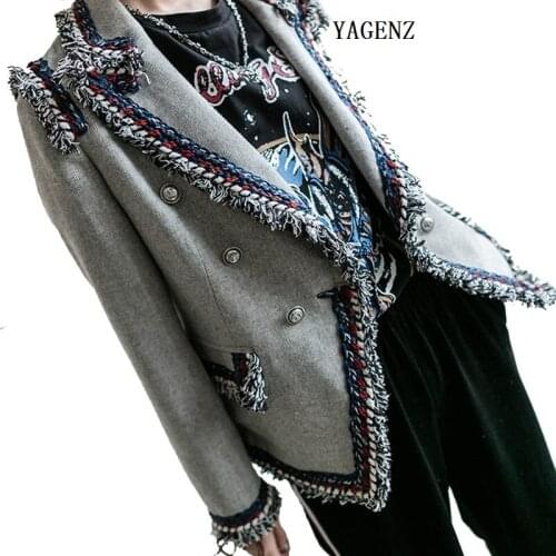 Women Basic Coats 2020 Spring Autumn Ladies Runway Korean Spliced Gray Twill Fashion Fringe Ladies Tweed Jackets C03