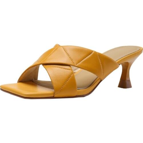 2021 New Summer Women Outside Leather Slippers Sexy High Heels Shoes Fashion Sewing Yellow Beige Square Open Toe Casual Slipper