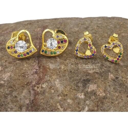 Small Cute Heart CZ Earrings pendientes arcoiris Hollow Heart Stud Earrings for Women Stone Delicate 24K Gold Tiny Earrings Stud