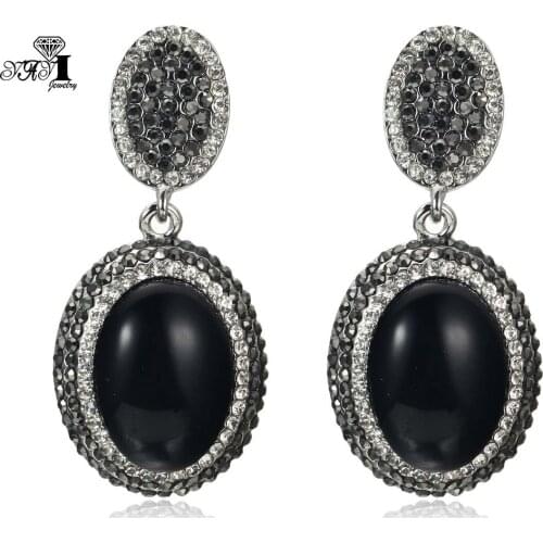 YaYi Jewelry Fashion BOHO Black Glass Crystal Rhinestone Dangle Women Ancient Gold Color Wear Ear Band Long Tassel Earrings