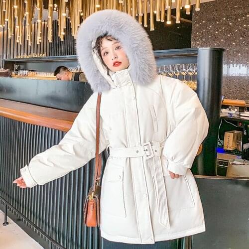 2021 New Winter Women Real Natural Raccoon Fur Collar White Duck Down Coats Female Thickness Solid Puffer Jackets Warm Overcoat