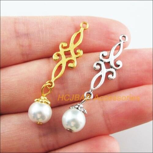 18Pcs Gold Tibetan Silver Tone Flower Knot White Glass Beads Charms Pendants 9x42mm