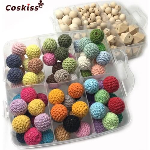 2 Boxed Natural Round Geometry Hexagon Wooden Teether Beads Mixed Color Crochet Beads For DIY Baby Teething Necklace
