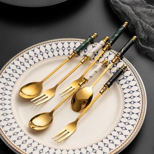 2Pcs/Lot Ceramic Handle Spoon Ice Cream Fruit Coffee Spoons Teaspoon Dessert Cake Fork Stainless Steel Cutlery Set Tableware