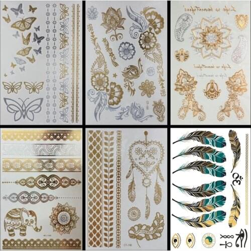 6 PCS/ lot Hot Flash Metallic Waterproof Temporary Tattoo Gold Silver Tatoo Women Henna Flower Taty Design Tattoo Sticker