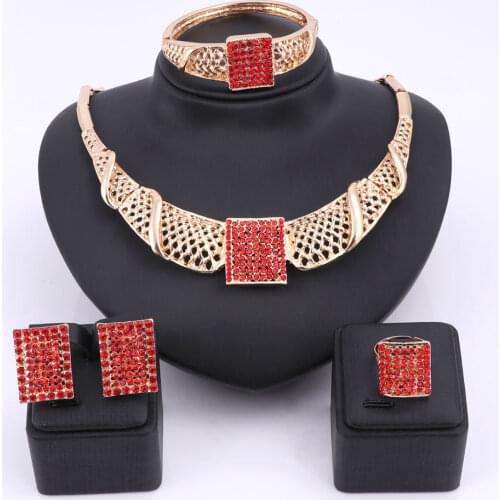African Beads Jewelry Set For Women Wedding Accessories Red Crystal Pendant Statement Necklace Earring Bangle Rings Jewelry Set
