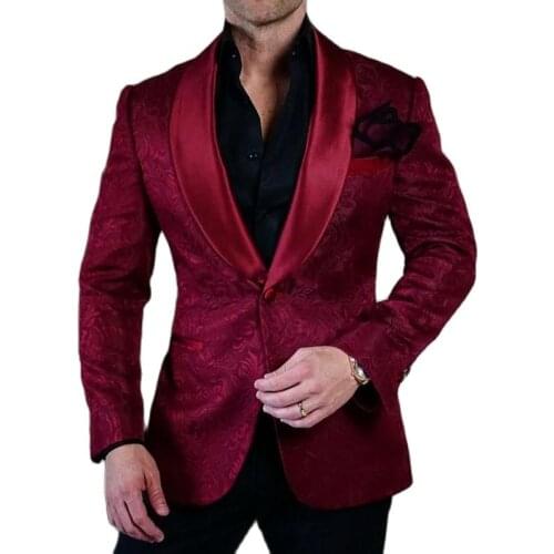 One Button Burgundy Paisley Groom Tuxedos Shawl Lapel Mens Cocktail Dress Business Suits Blazers (Jacket+Pants+Bow Tie) W:626