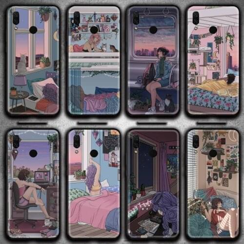 Japanese style Art Aesthetic Girl Cat Phone Case Huawei Y6P Y8S Y8P Y5II Y5 Y6 2019 P Smart Prime Pro