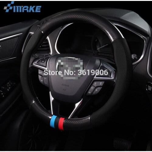 SmRKE For Ford Series Steering Wheel Cover Anti-Slip Carbon Fiber Top PVC Leather Sport Style