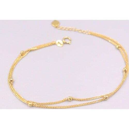 Pure 18K Yellow Gold Bracelet Double Wheat Chain Beads Link Adjustable Bracelet Woman Gift 2g