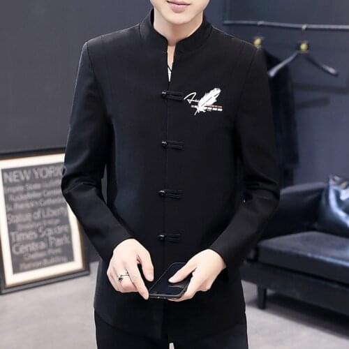 Mens casual small suit autumn 2021 Chinese style standing collar zhongshan suit personality youth coiled button suit mens jack