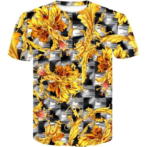 New summer Baroque T-shirt 3D digital print T shirt men/women vintage luxury Royal print golden flower brand Tshirt camisetas